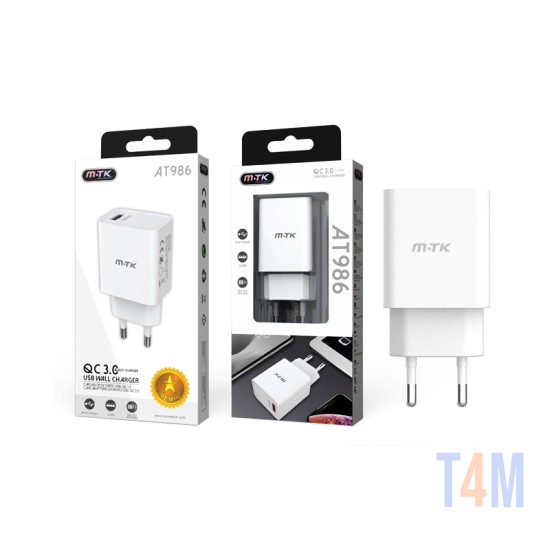 MTK ADAPTER CHARGER AT986 BL WITHOUT CABLE 1 USB PORTS QC3.0 18W WHITE